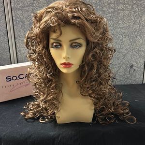Women’s wig warm brown red curly 25” long
